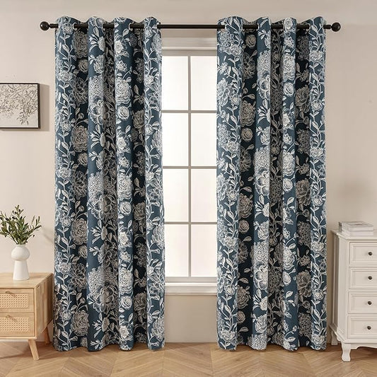 Pattern Blackout Curtains Blue Peony Print - Vintage Curtains for Bedroom Living Room, Floral Blackout Curtains Cotton Blend, Light Blocking Patterned Curtains, 52" W x 84" L