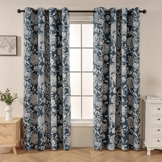 Floral Curtains Blue Peony Blackout Curtains Pattern - Vintage Blackout Curtains with Grommet, Boho Floral for Nursery Office, Cotton Blend Printed Curtains, 52" W x 63" L