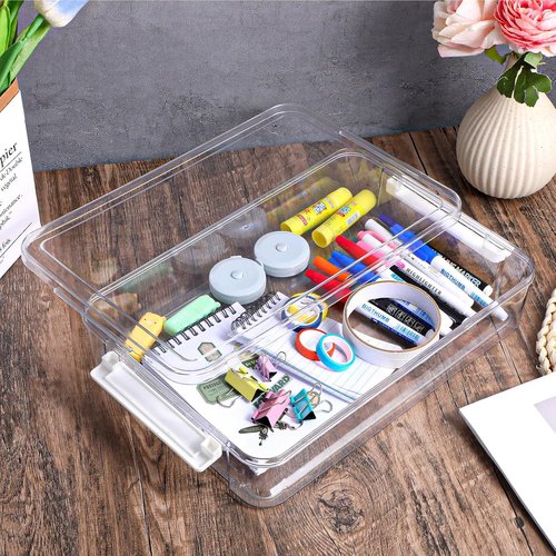 Clear Plastic Storage Box by [Brand Name] - Stackable Organizer for A4 Letter Files | 2-Pack
