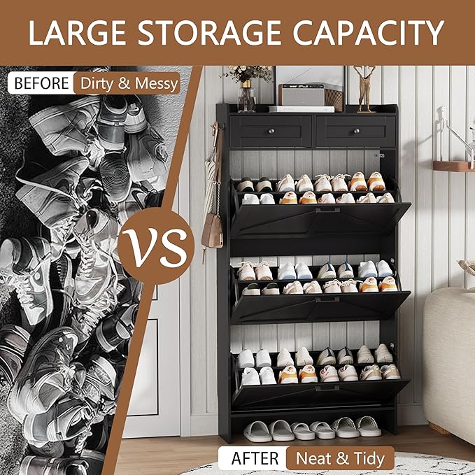 Shoe Cabinet with 3 Flip Drawers & 2 Top Drawers, 57" Tall Freestanding Narrow Wooden Shoe Storage Organizer for Entryway, Hidden Slim Shoe Rack for Front Door Entrance, Hallway, Living Room, Black