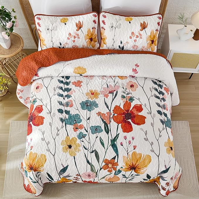 Anibedding Floral Quilt Set King Size, Burnt Orange Bedspread with 2 Pillowcases, Soft Microfiber Lightweight Coverlet Bedding Set for All Season(104"x90")
