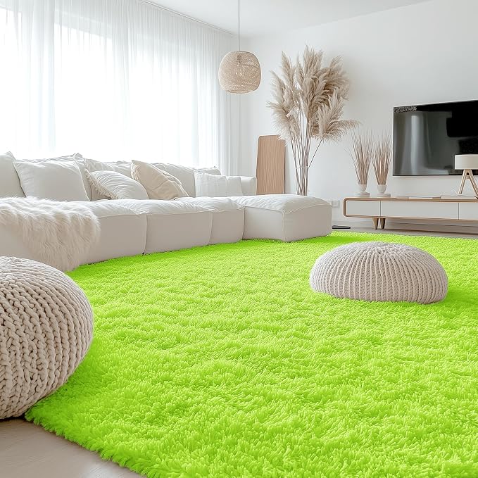 OLANLY 9x12 Machine Washable Large Area Rugs for Living Room, Bedroom, Soft Fluffy Shaggy Bedside Rug, Indoor Floor Carpet for Kids Girls and Boys, Dorms, Nursery, Home Decor Aesthetic, Lime Green