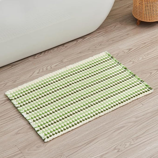 Douceur Boho Bath mat for Bathroom Floor Non Slip, Acrylic Blend Cute Bath Mats with Tassels, Quick Dry Bath mats Machine Washable, 16" x 24", Green