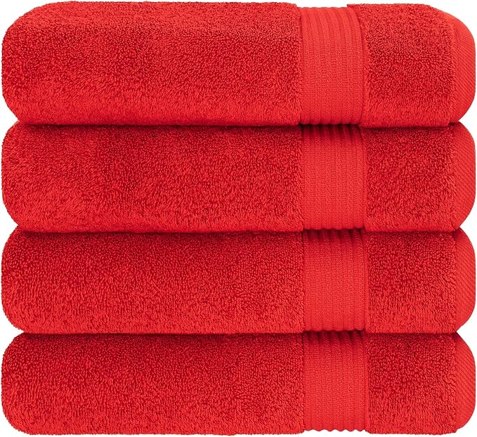 Cotton Paradise 100% Cotton Turkish Towel Set, Soft Absorbent Quick Dry, 4 Piece Bath Towel Set, Red