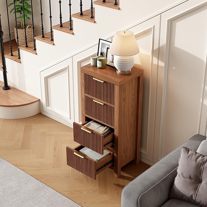 4-Drawer Modern Solid Wood Dresser with Fluted Front & Gold Handles, Multifunctional Tall Storage Chest, for Hallway, Entryway, Walnut Oak