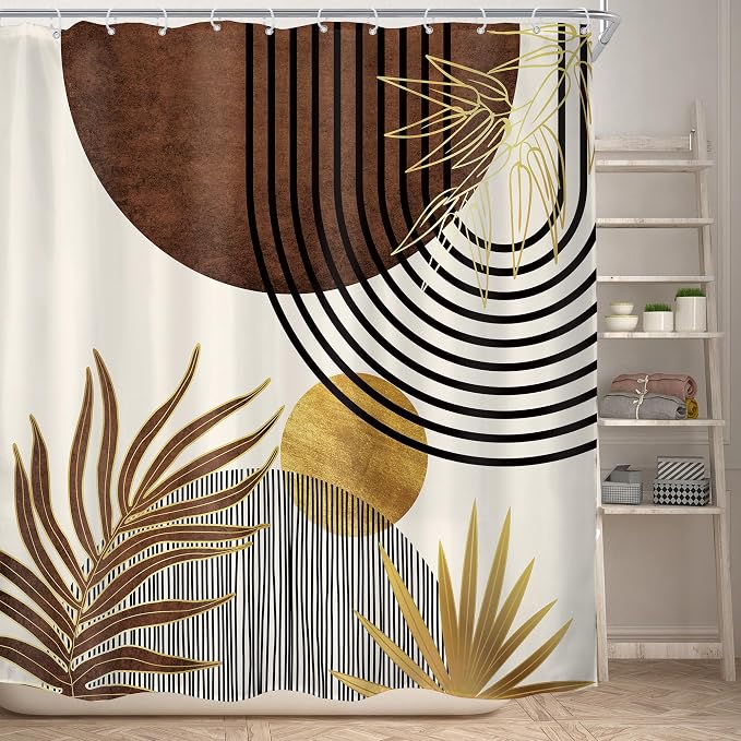 KOMLLEX Mid Century Brown Boho Shower Curtain for Bathroom Decor 72Wx72H Inches Abstract Modern Gold Minimalist Arch Sun Geometric Leaves Neutral Fabric Waterproof Polyester 12 Pack Hooks Pack Hooks