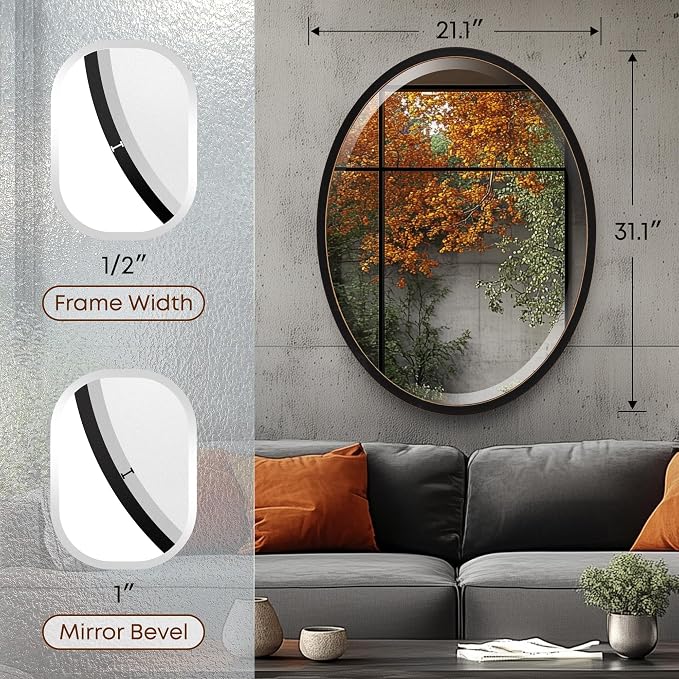 OVALCREST - Oval Wooden Beveled Wall Mirror for Home Decor, Bathroom, Vanity, Bedroom, Living Room, Hallway - London Style (Rubbed Black) 31.1 x 21.1