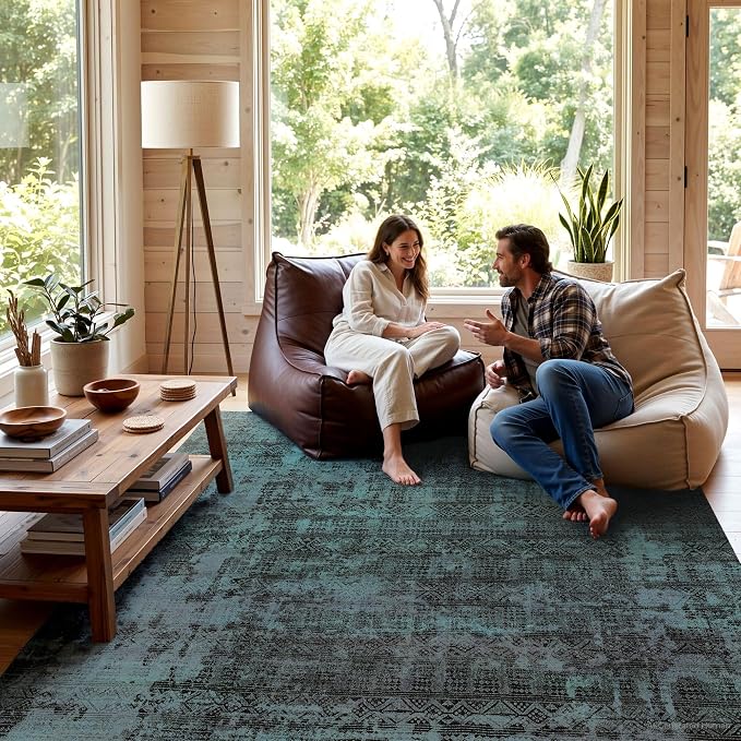 Kokia Abstract Area Rugs 9x12 Bedroom Washable Decor Low Pile Non-Slip Non-Shedding Indoor Deep Teal Carpet Foldable Stain Resistant Floor Mat Living Room Dining Room, Ocean Teal
