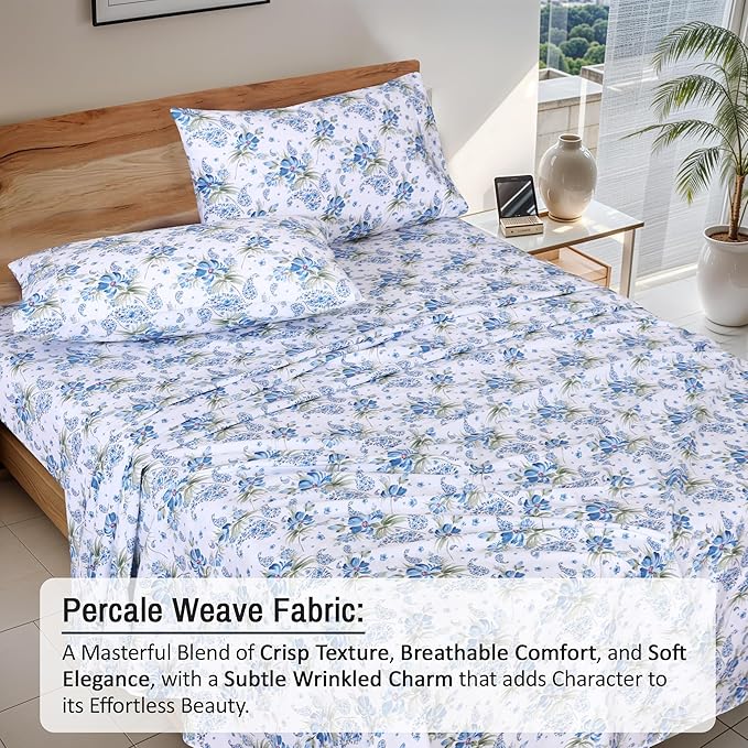 RUVANTI 100% Cotton Split King Sheets Sets for Adjustable Bed, 5 PCs, Soft & Breathable Percale Weave Bedding, Deep Pocket 16", Hotel Standard, Crisp Cool Feel & Durable, Floral Sheet, Paislyona