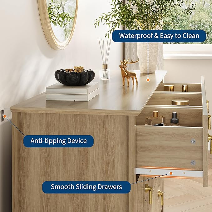 GarveeHome Fluted Dresser for Bedroom, 54 Inch Wide 7-Drawer Wood Dresser, Modern Chest of Drawers, Storage Organizer Cabinet for Living Room, Hallway, Entryway, Natural Oak