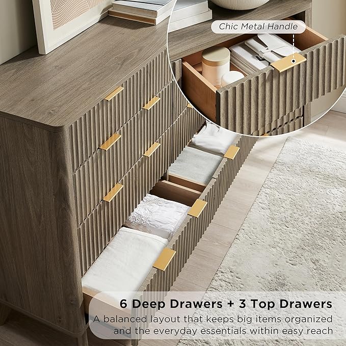T4TREAM Fluted 9 Drawer Dresser, Modern Chest of Drawers, Curved Profile Design, Dresser TV Stand, Wood Drawer Organizer for Bedroom, Living Room, Hallway, Grey Alder