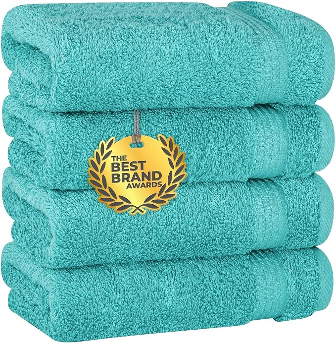 Cotton Paradise 100% Cotton Turkish Towel Set, Soft Absorbent Quick Dry, 4 Piece Hand Towel Set, Turquoise