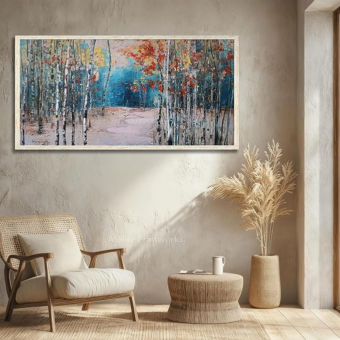 Ardemy Landscape Canvas Wall Art for Living Room Blue Forest Painting White Birch Tree Scenery Picture Modern Green Nature Artwork Bedroom Home Office Wall Decor, Large Size Wood Framed 48"x24"