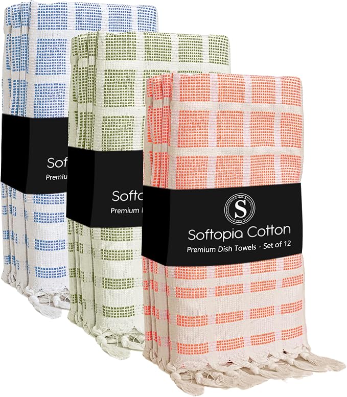 Matrix Dobby Kitchen Towels Set of 12, 100% Cotton, Combo Pack, 16"x26", Absorbent Tea Towels with Handmade Tassels, Reusable Cleaning Cloths - Orange, Mint Green, Sky Blue