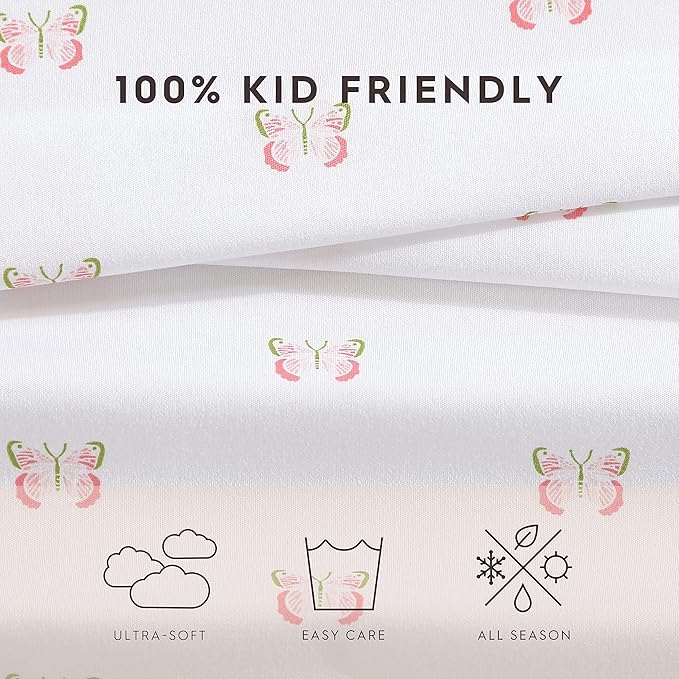 Laura Ashley Kids - Queen Sheet Set, Soft & Wrinkle-Resistant Toddler Bedding Set, Ideal Girl Room Essentials, Bed Sheets with Matching Pillowcases (Fluttery Friends Pink)