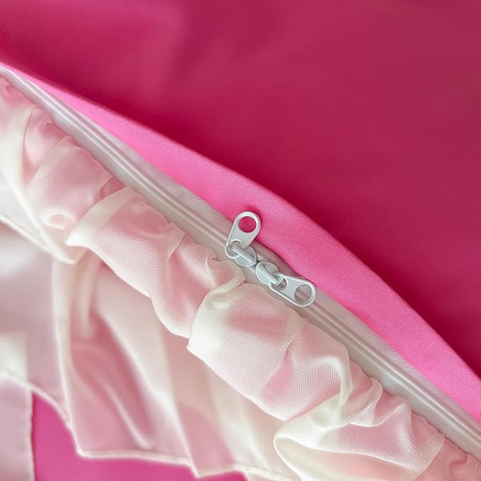 Girls Lace Bedding,Queen Comforter Cover Set, Chic Ruffled Duvet Cover with Lovely Bow,Princess Style 1 Duvet Cover with 2 Pillowcases, No Comforter-Hot Pink,Queen Size