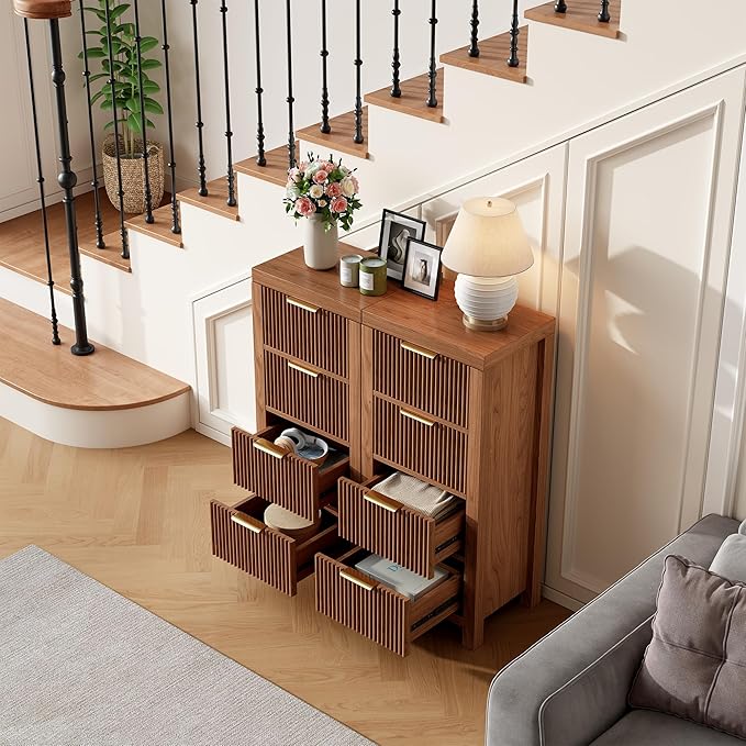 Modern 8-Drawer Solid Wood Dresser with Fluted Front & Gold Handles, Multifunctional Tall Storage Chest, for Hallway, Entryway, Walnut X2