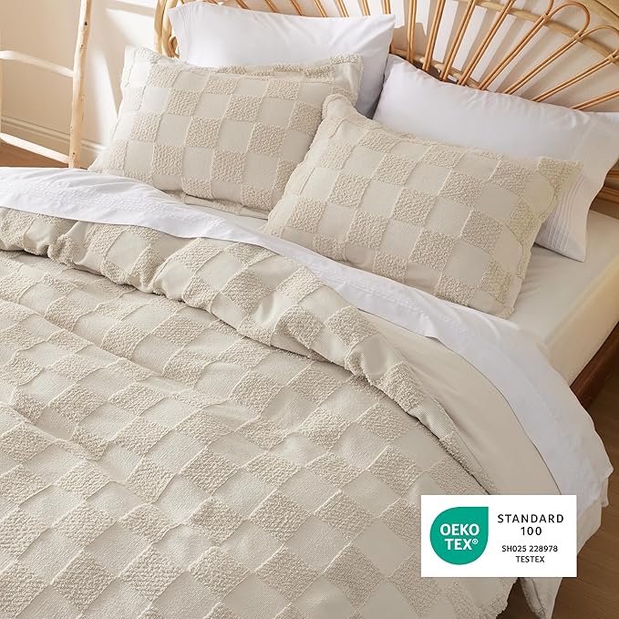 Bedsure Boho Kids Duvet Cover King Size（Duvet Insert/Comforter not Included - Checkered King Duvet Cover for All Seasons, Soft Shabby Chic Boho Bedding (Beige, 104" x 90")