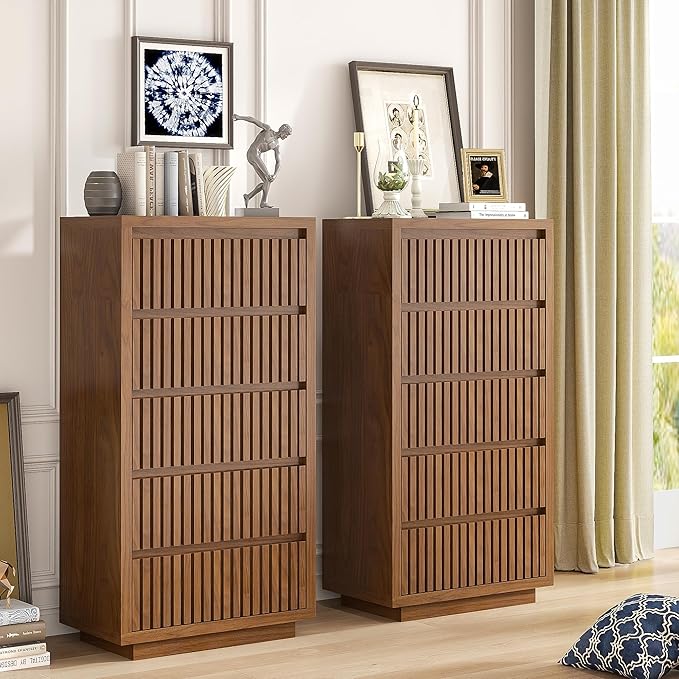 Fluted Tall 5 Drawer Dresser, Mid Century Dresser for Bedroom, 45 Inch Wood Chest of Drawers, Modern Closet Clothes Organizer, Walnut Wooden Storage for Living Room, Brown