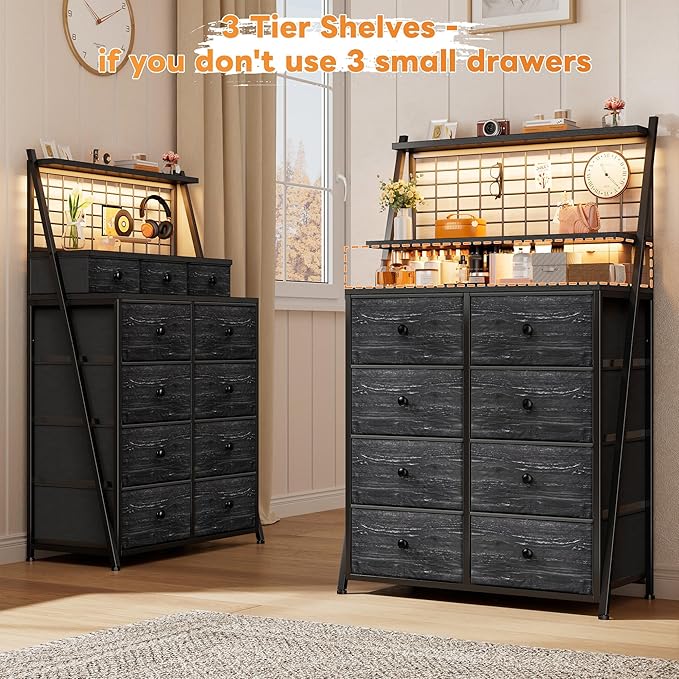 51" H Dresser for Bedroom with LED, 11 Drawer Dresser with Wire Grid Panels & Open Shelves for Entryway, Dorm, Black, 11.8" D x 33.9" W x 51.2" H