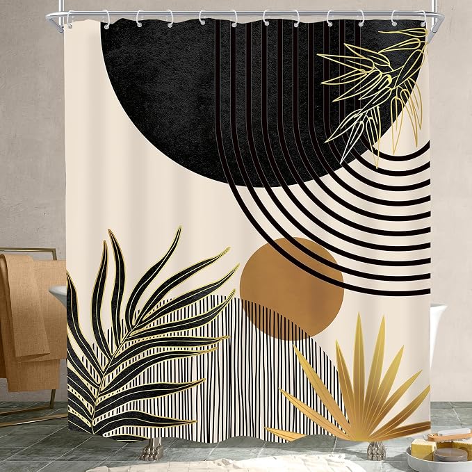 KOMLLEX Mid Century Black Gold Boho Shower Curtain 60Wx72L Inches Abstract Modern Green Shower Curtains for Bathroom Plant Botanical Minimalist Arch Sun Fabric Liner Waterproof Polyester 12 Pack Hooks