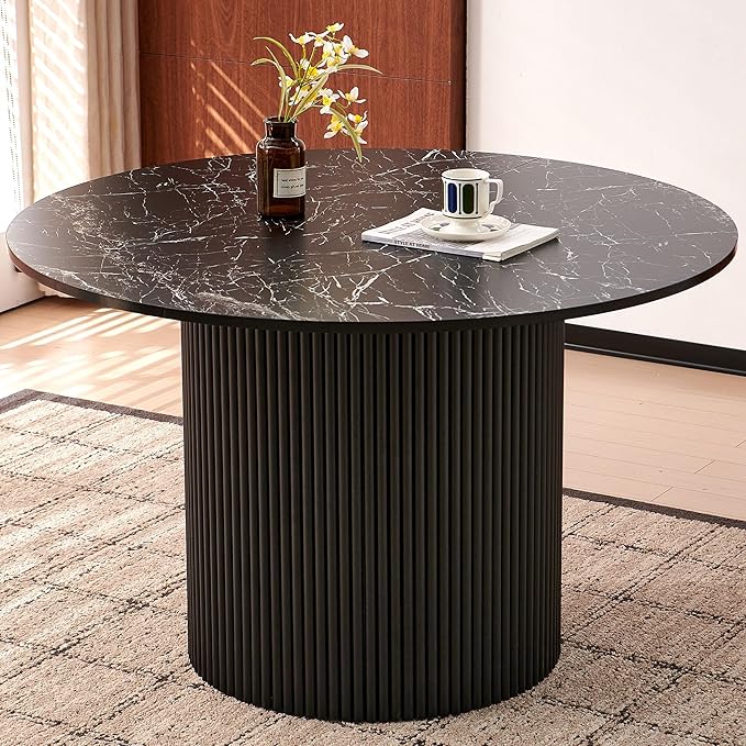 Homedot 47.24" Industrial Kitchen Dining Table Round for 4-6, Rustic Dining Table Circular with Two-Part Tabletop&MDF Pedestal Striped Base,Metal Frame Dinner Meeting Table, Black Marble Grain Look