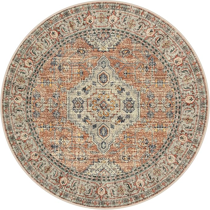Lahome Oriental Washable Round Rugs, Non-Slip Round Rug 4ft Ultra-Thin, Vintage Soft Small Circle Carpet for Entryway Kitchen Bedroom Nursery Bathroom, Peach/Orange