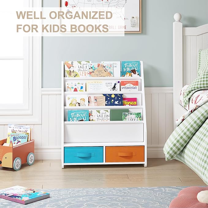UTEX Kids Bookshelf with Storage Bins, Book Shelf for Kids Rooms, 4-Tier Toddler Sling Bookshelf for Nursery, Living Room, Bedroom, White