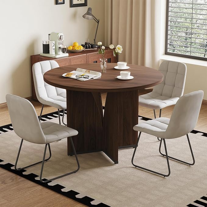 HIPIHOM Modern Round Dining Table Set for 4, 39.4" Walnut Kitchen Table with 4 PU Leather Chairs, 5-Piece Mid-Century Dining Room Set for Small Spaces, Pedestal Base