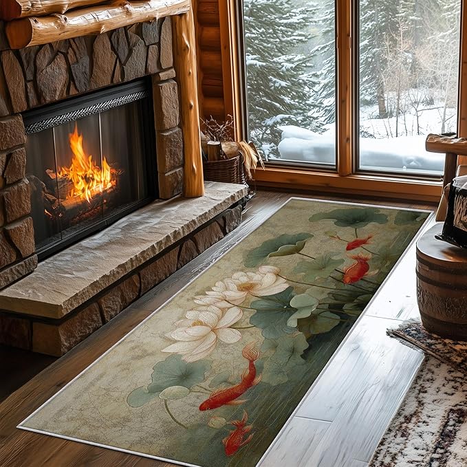 Lotus Flower Runner Rug 3x7, Koi Fish Design, Asian Art Area Rug, Washable Carpet Runner for Bedroom, Standard Hallways, Kitchen Walkway, Dining Room Sideboard
