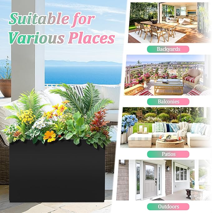 Metal Planter Box Rectangular Planter Box with Drainage Hole, Outdoor Large Planters, All-Weather Use, Rust-Resistance, for Flowers Plants, 35.4" L × 9.1" W × 25.6" H, Black