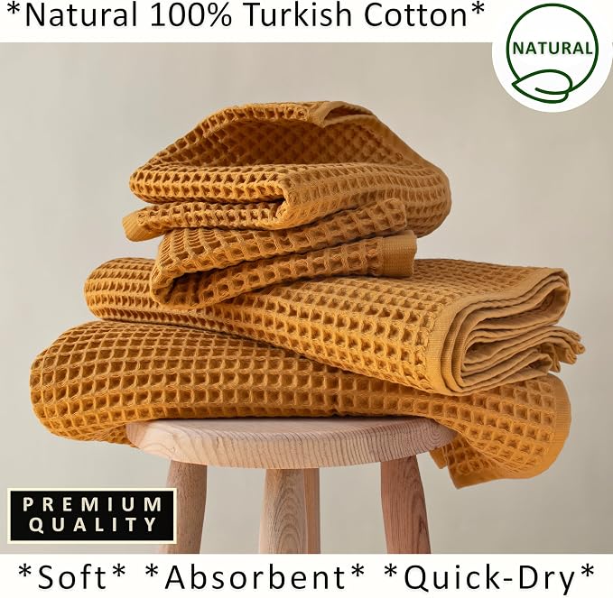 PÜSKÜL 4-Piece Natural 100% Turkish Cotton Luxury Waffle Towels for Bathroom | Premium Honeycomb Weave 2 Hand Towel & 2 Bath Towel Set | Soft Absorbent Quick-Dry Lightweight Towels (Mustrad Yellow)
