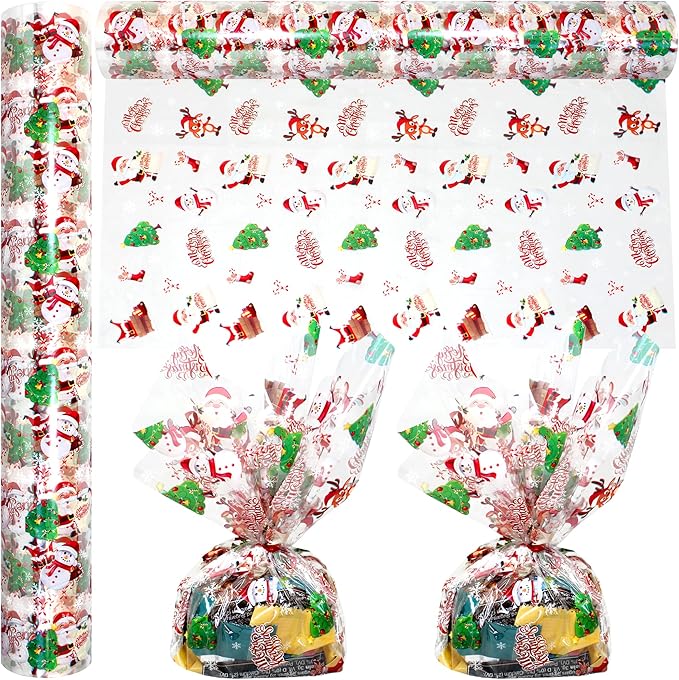 AnapoliZ Christmas Cellophane Wrap Roll | 100’ Ft Long X 16” in. Wide | 2.3 Mil Crystal Clear Merry Christmas Cellophane | Gifts, Baskets, Treats Wrapping Paper | Santa, Snowman, Reindeer Cello Roll