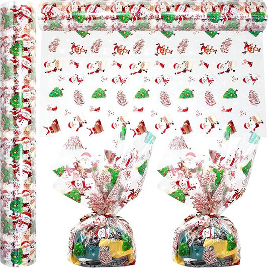 AnapoliZ Christmas Cellophane Wrap Roll | 100’ Ft Long X 16” in. Wide | 2.3 Mil Crystal Clear Merry Christmas Cellophane | Gifts, Baskets, Treats Wrapping Paper | Santa, Snowman, Reindeer Cello Roll