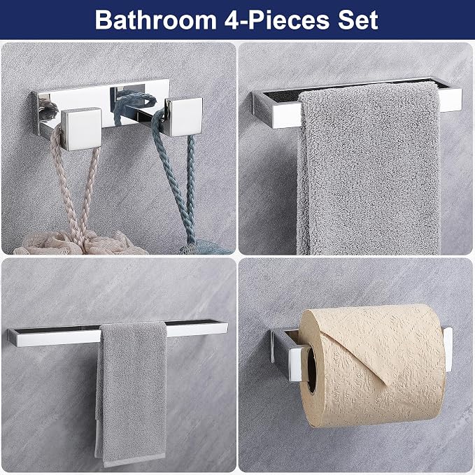 Lairuier Bath Towel Bar Set, Polished Chrome 4-Piece Bathroom Hardware Set Including Towel Bar, Towel Holder, Toilet Paper Holder, Towel Hook. Stainless Steel Bathroom Hardware Accessory
