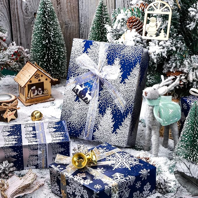 LeZakaa Navy Christmas Wrapping Paper Min Roll, Snowy Woodland Scenes House Snowflake Tree Holiday Gift Wrap, Arts Craft, for Xmas Winter Party Men Women, 17 x 120 inches, 3 Rolls