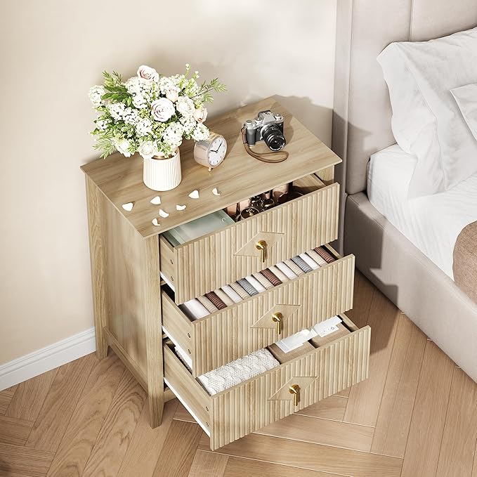 GarveeHome 2Pcs Wood Nightstand Fluted Dresser for Bedroom, 27.5" Wide 3-Drawer Bedside Tables, Modern Chest of Drawers, Storage End Table Living Room, Hallway, Entryway, Natural Oak