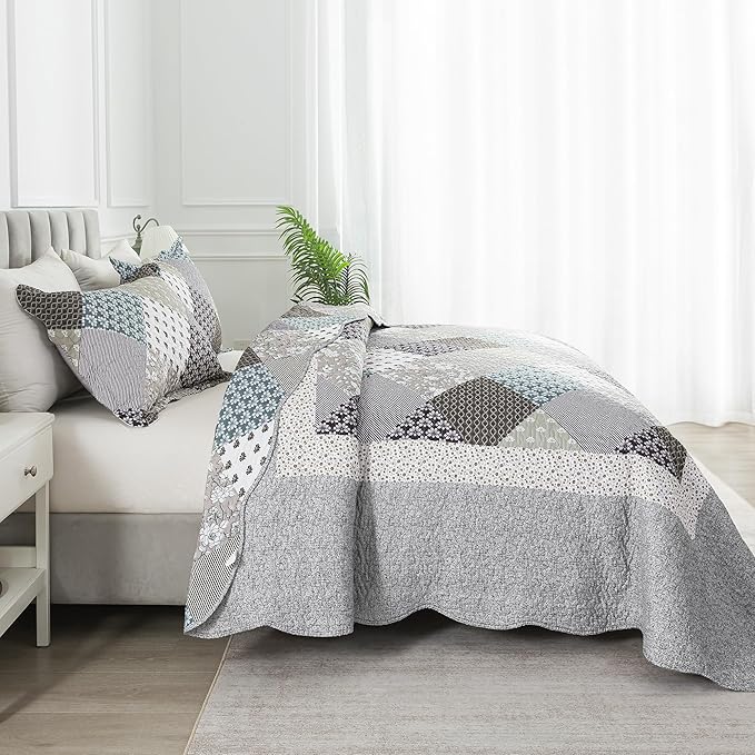 HoneiLife King Size Quilt Set - 3 Piece Microfiber Quilts Reversible Bedspreads Patchwork Coverlets Rustic Bedding Set for King Bed