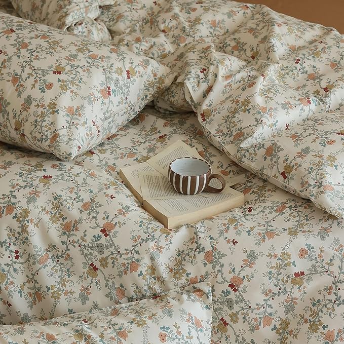 EAVD Vintage Style Floral Duvet Cover Twin Soft Cotton Chic Shabby Garden Floral Bedding Set with 2 Pillowcases Fresh Reversible Botanical Comforter Cover with Zipper Closure