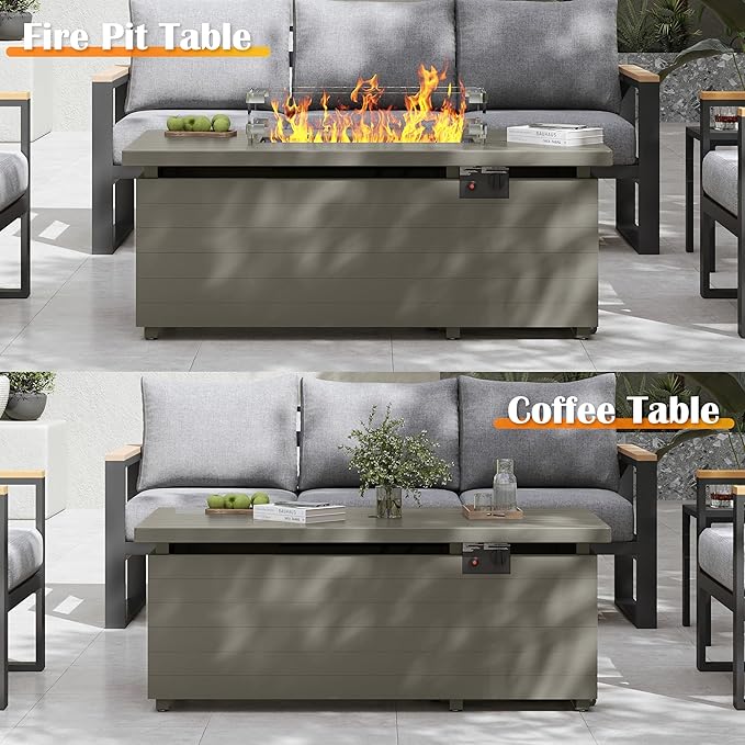 Sundale Outdoor 51 Inch Outdoor Fire Pit Table, 50,000BTU Rectangle Propane Fire Pit with Sliding Tank Holder, Glass Wind Guard, Dust Cover, Removable Lid, CSA Certified, Olive Green