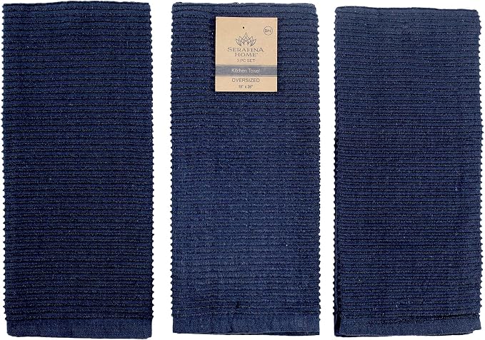 Serafina Home Oversized Solid Color Dark Navy Blue Kitchen Dish Towels: 100% Cotton Cloth Soft Cleaning Drying Absorbent Ribbed Terry Loop, Set of 3 Multipurpose for Everyday Use (Navy Blue)