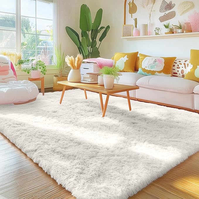 OLANLY 4x7 Area Rugs for Living Room Bedroom, Machine Washable Soft Fluffy Shaggy Bedside Rug, Indoor Floor Carpet for Kids Girls and Boys, Dorms, Nursery Rooms, Home Decor Aesthetic, Ivory