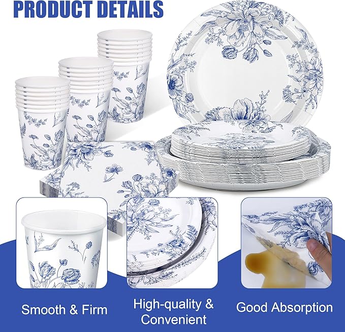 96 Piece Blue and White Floral Disposable Party Supplies Elegant Floral Paper Plates, Cups, and Napkins 9 Inch and 7 Inch Plates Serves 24 Guests for Birthday or Baby Shower