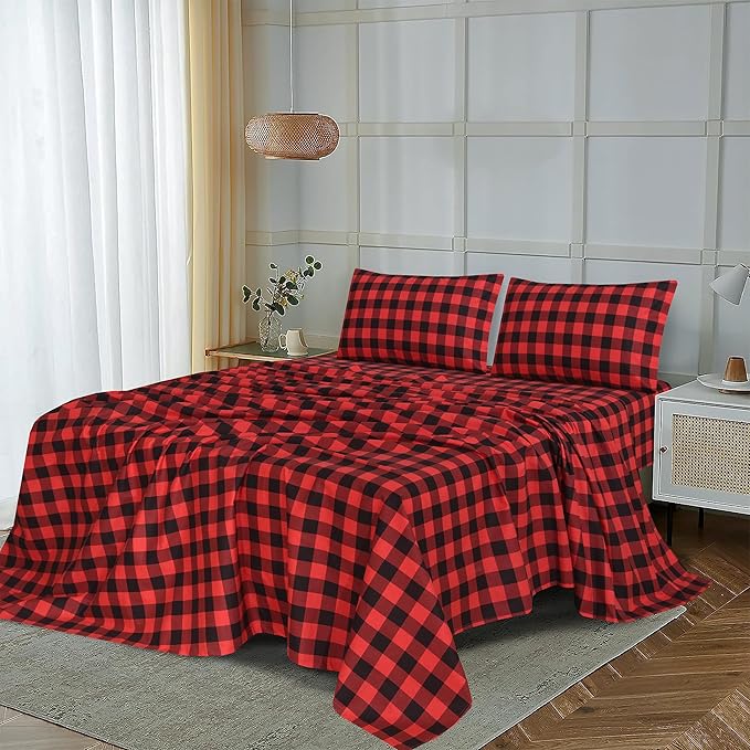 RUVANTI Flannel Sheets Twin XL Size - 100% Cotton Double Brushed Twin XL Sheet Sets, Deep Pockets 16 Inches, All Seasons Breathable & Extra Soft Bed Sheets, Warm & Cozy, 3 Piece, Red & Black Plaid