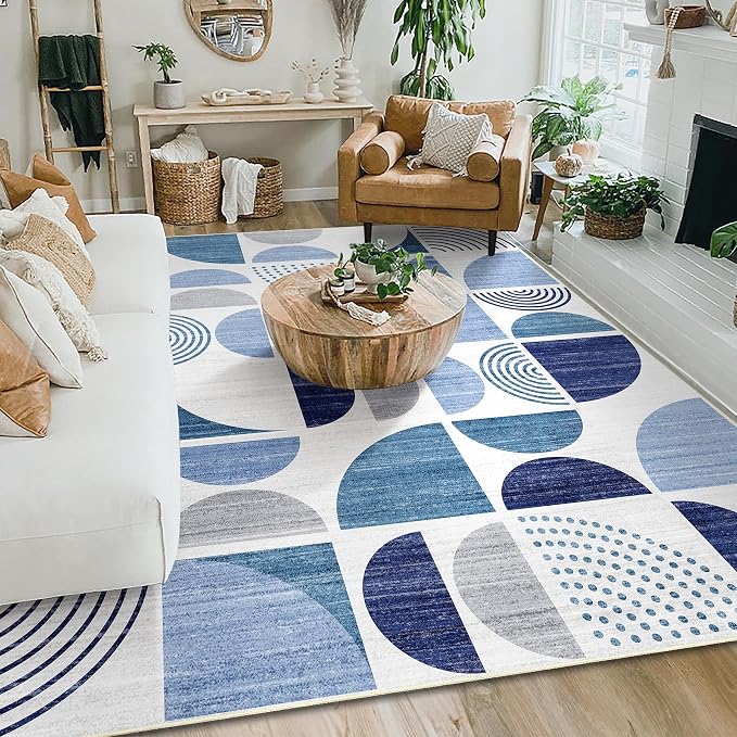 MUJOO Washable Rug 8x10 Blue,Large Area Rugs for Living Room Bedroom Dining Room,Boho Throw Floor Carpet Non Slip Soft Modern Abstract Navy Blue