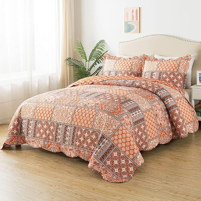 HoneiLife King Quilt Bedding Set - 3 Pieces Vintage Quilt Sets Microfiber Bedspreads Floral Coverlets Retro Bed Cover All Season Quilts-Pumpkin