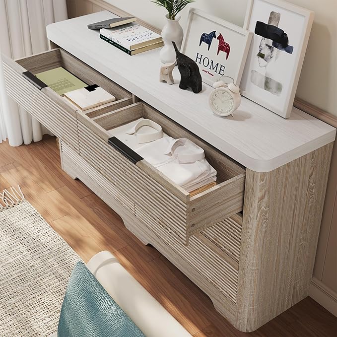 FUSUNBAO Fluted 6 Drawer Dresser, Modern Wood Dresser for Bedroom,TV Stand,Thickened Curved Profile Design,Bedroom,Entryway,Wood Drawer Organizer(Natural Oak)