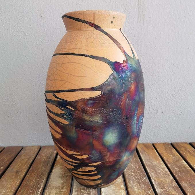 RAAQUU Large Oval Ceramic Half Copper Matte Vase S/N0000490 13.5" Raku Clay Pottery Handcrafted Art Home Décor Table Centerpiece Unique Gift for Her, Mom
