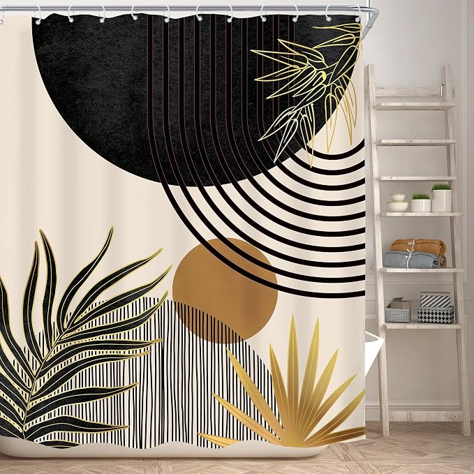 KOMLLEX Mid Century Black Gold Boho Shower Curtain 60Wx72L Inches Abstract Modern Green Shower Curtains for Bathroom Plant Botanical Minimalist Arch Sun Fabric Liner Waterproof Polyester 12 Pack Hooks