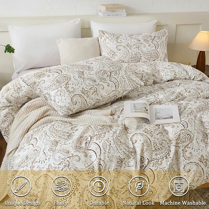 100% Cotton Duvet Cover King Size- 3 Pcs Grey Paisley Comforter Cover, Soft & Breathable Floral Bedding Duvet Cover Sets with Zipper Closure for All Season